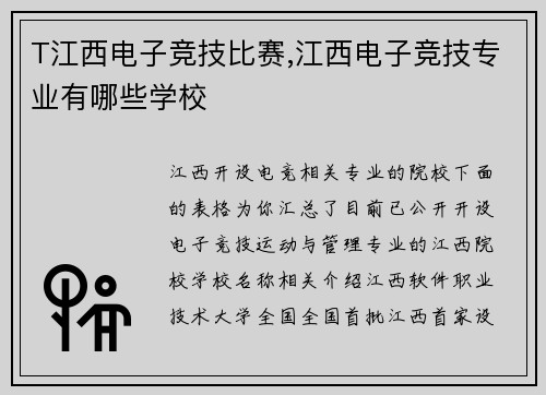 T江西电子竞技比赛,江西电子竞技专业有哪些学校
